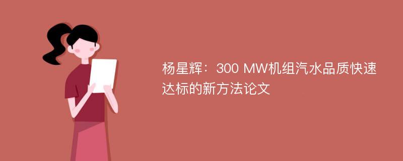 杨星辉：300 MW机组汽水品质快速达标的新方法论文